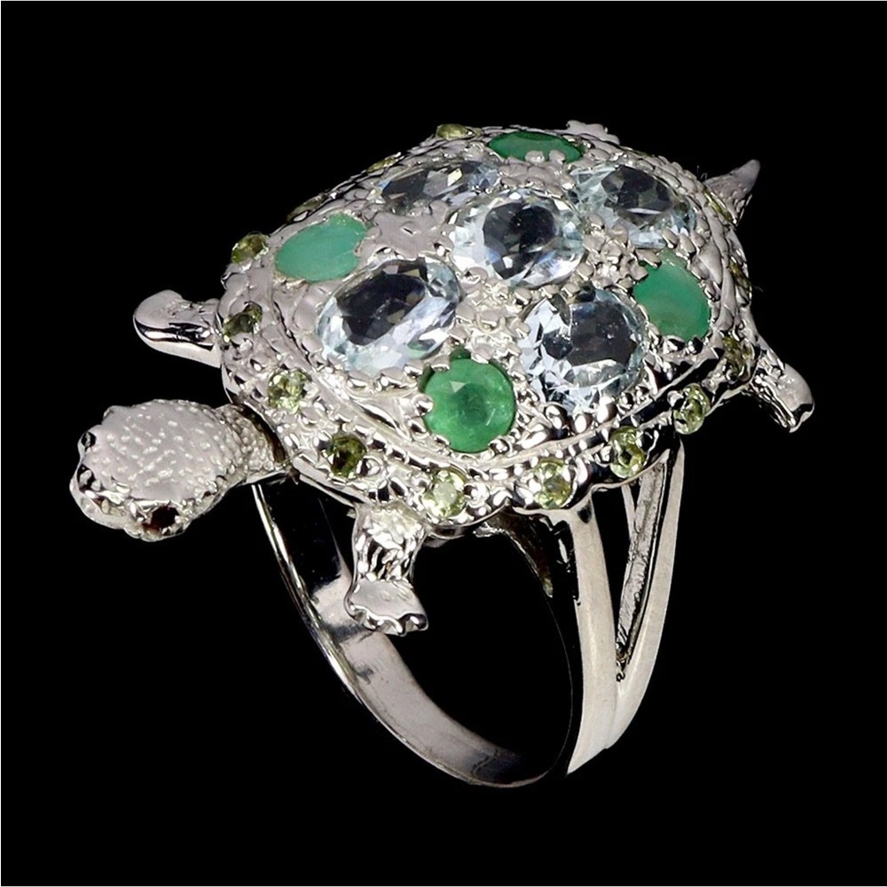 Genuine Aquamarine’s,  Emeralds & Peridot Turtle Ring
See Video
